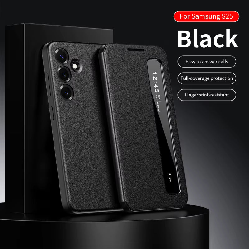 Smart Side Window Flip Cover PU Leather Phone Case for Samsung