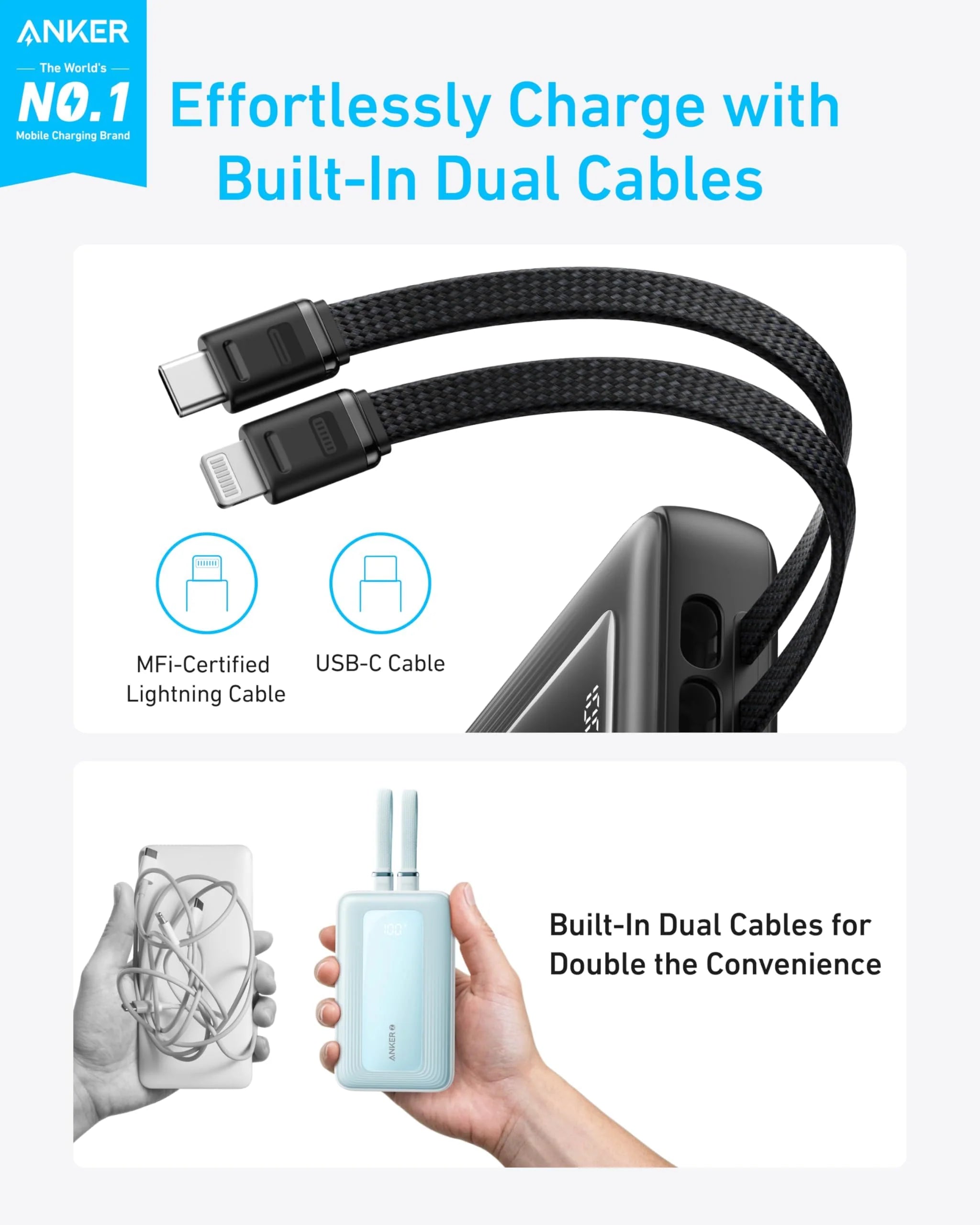 Anker Zolo Power Bank (10000 mAh, Built-In USB-C and Lightning Cable)30W
