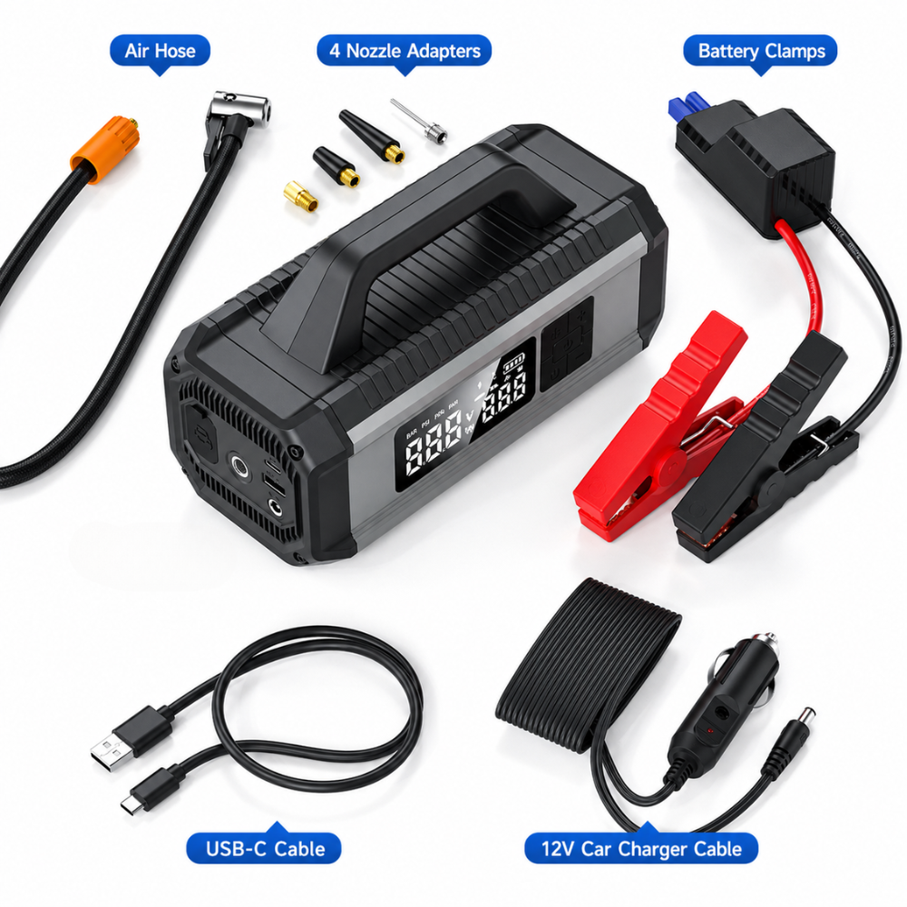 Green GF-BP999 5 in 1 Car Jump Starter 150PSI Tire Inflator Pump 10000mAh Power Bank