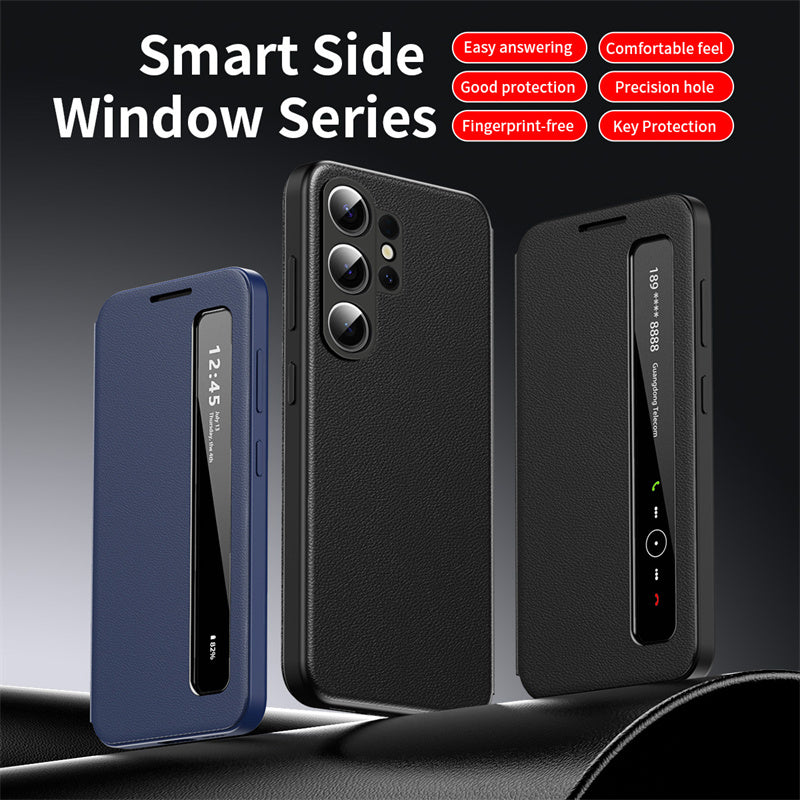 Smart Side Window Flip Cover PU Leather Phone Case for Samsung