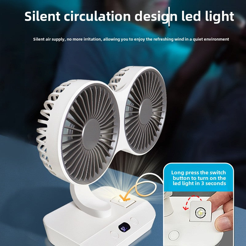 Dual-head desktop USB rechargeable automatic portable fan with 4 wind speeds