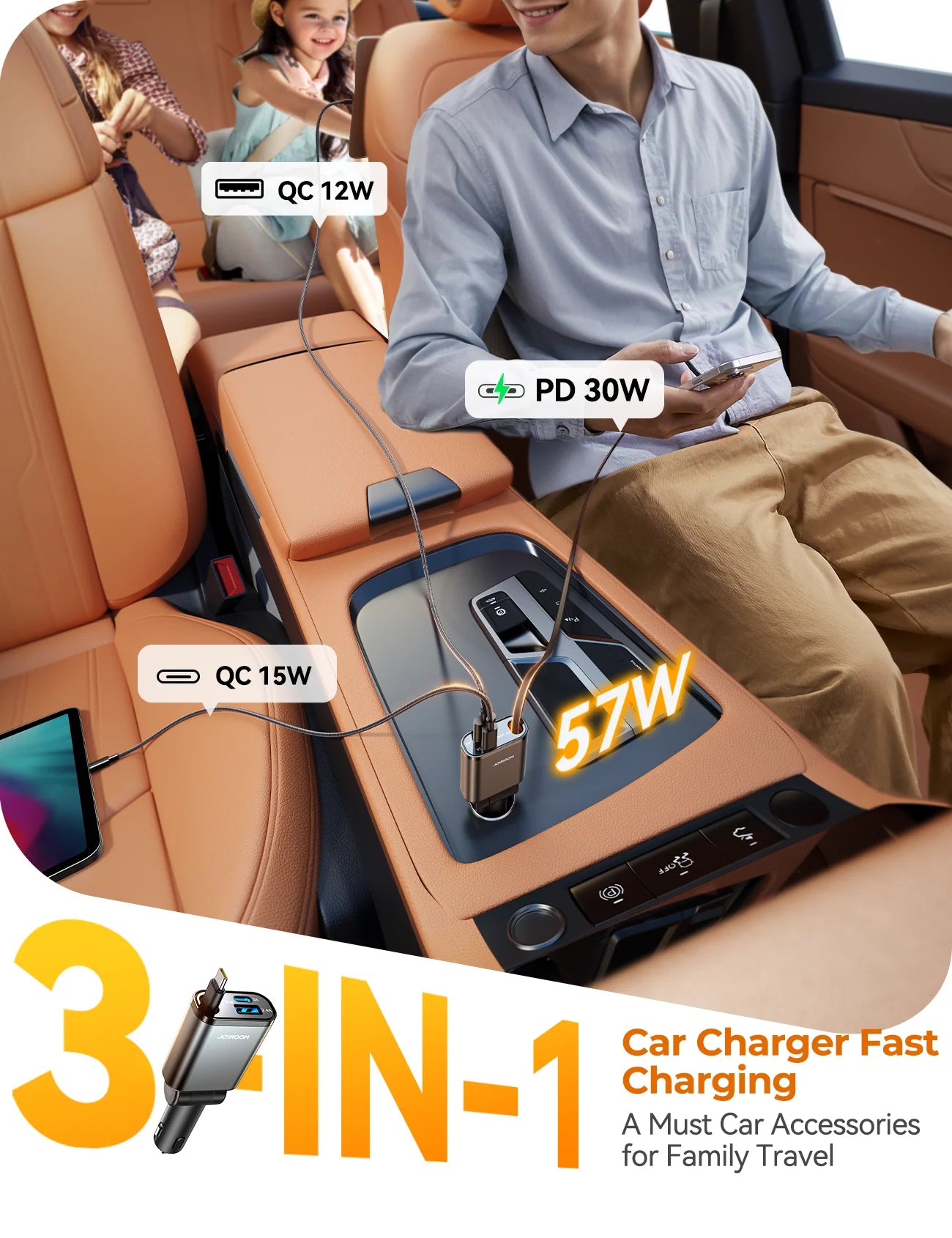 Joyroom JR-CCL07 3-in-1 Retractable Car Charger