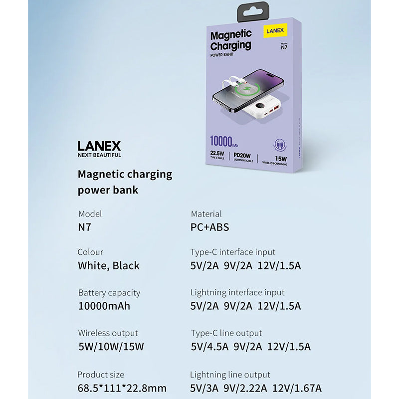 LANEX N7 22.5W+PD20W MAGNETIC 15W POWER BANK 10000MAH (BUILT-IN TYPE-C AND LIGHTNING CABLE)