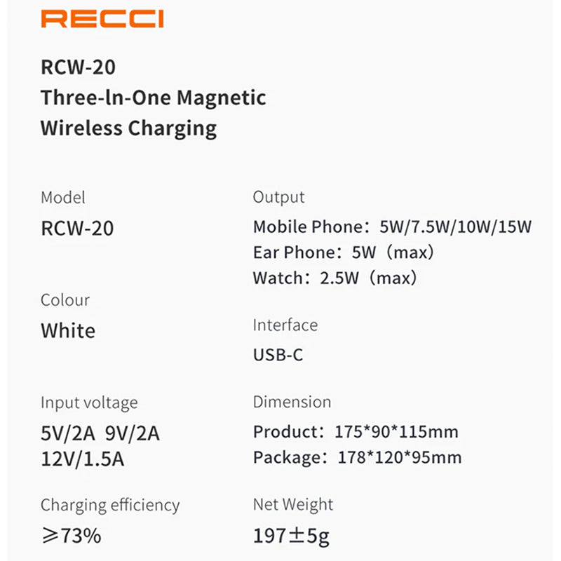 Recci RCW-20 3 In 1 Magnetic Wireless Charger