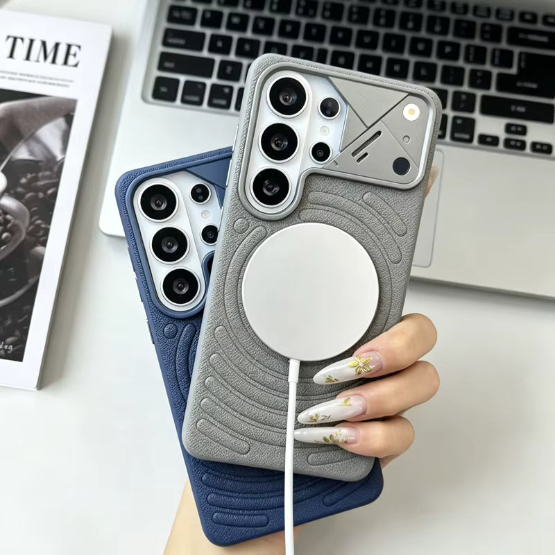 Leather MagSafe Phone Case With a Sliding Metal Camera Cover For Samsung