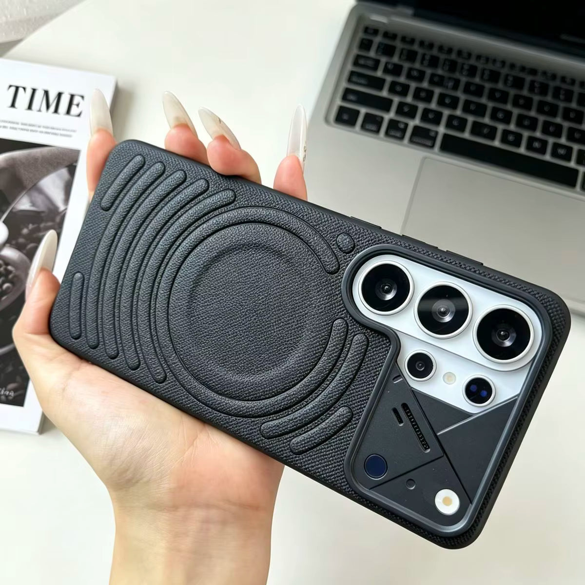 Leather MagSafe Phone Case With a Sliding Metal Camera Cover For Samsung