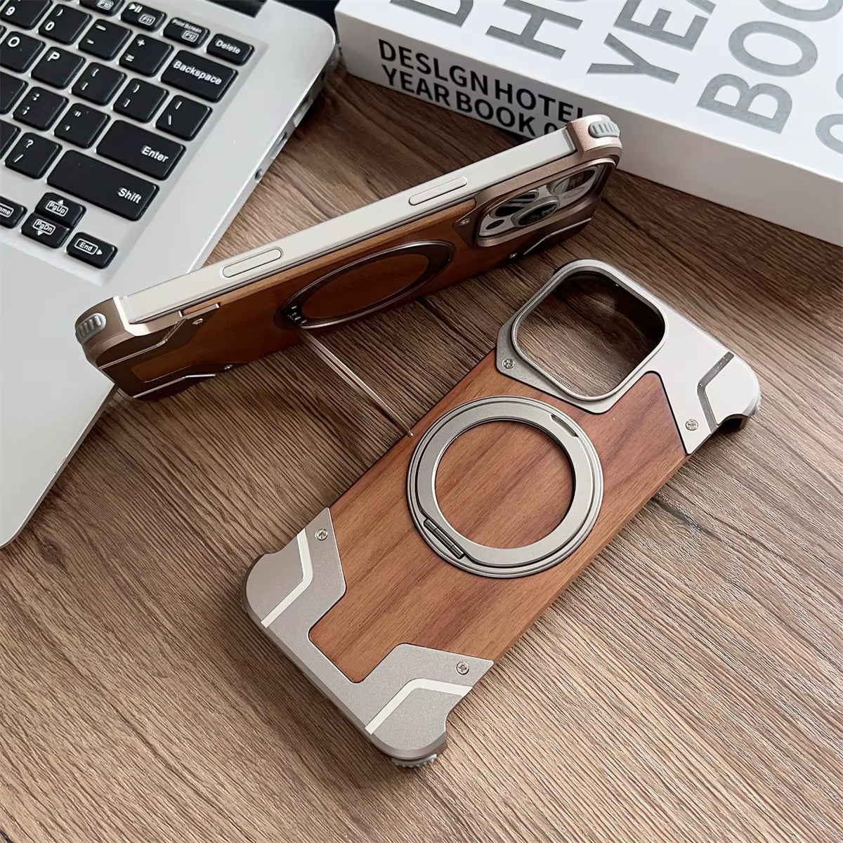 Magnetic Aluminum Metal Frameless Real Wood Case For Iphone