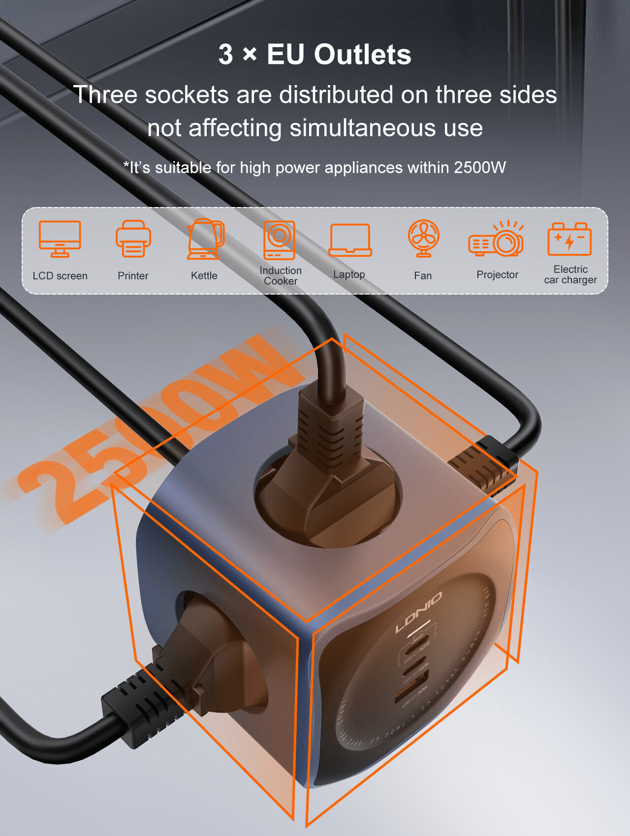 LDNIO 6 in 1 EU Power Socket Adapter Desktop Charger 65W USB-C SE3338