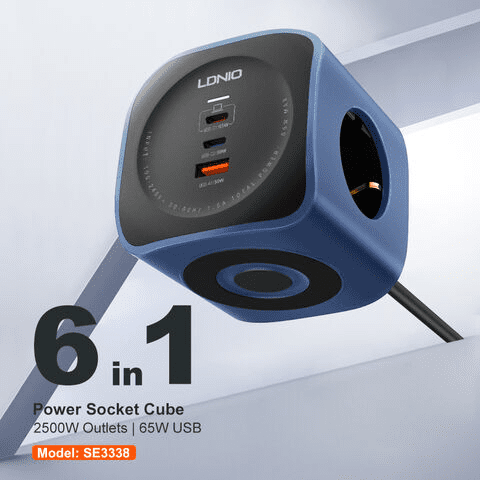 LDNIO 6 in 1 EU Power Socket Adapter Desktop Charger 65W USB-C SE3338