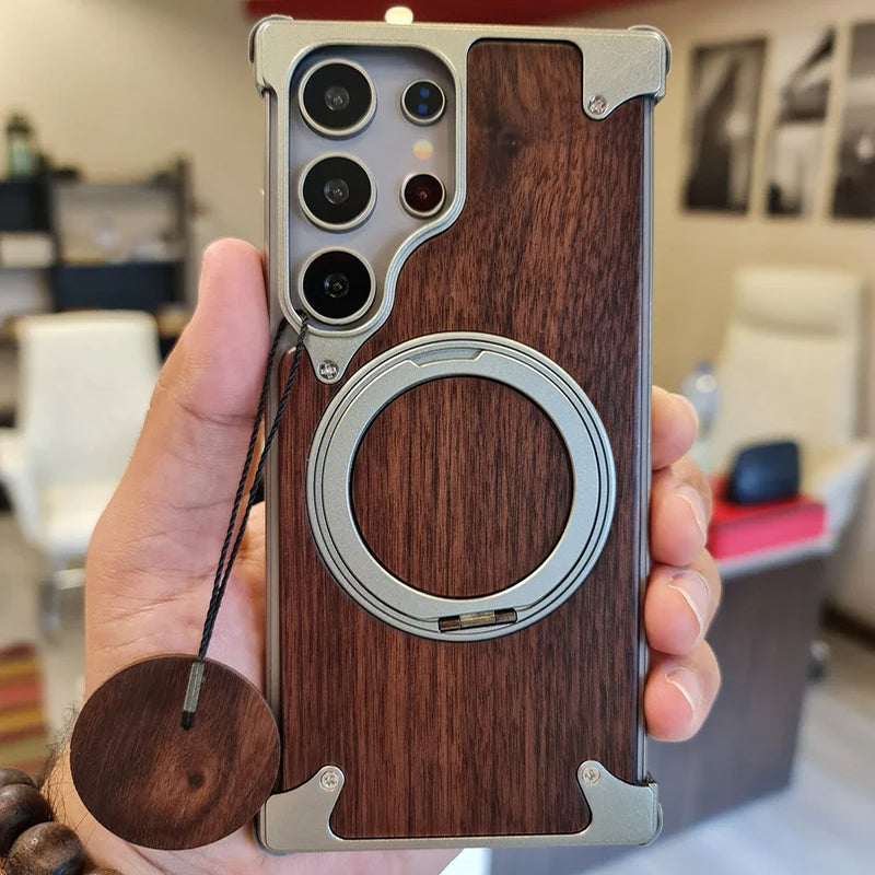 Oatsbasf MagSafe Pivot Ring Stand Air Cushion Walnut Wood Back Case Cover For Samsung