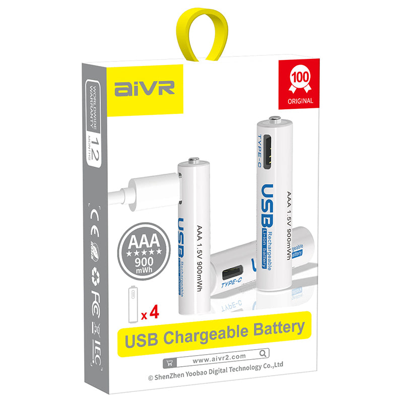 AiVR USB Rechargeable Batteries 4pc – AA–2550mAh / AAA–900mAh