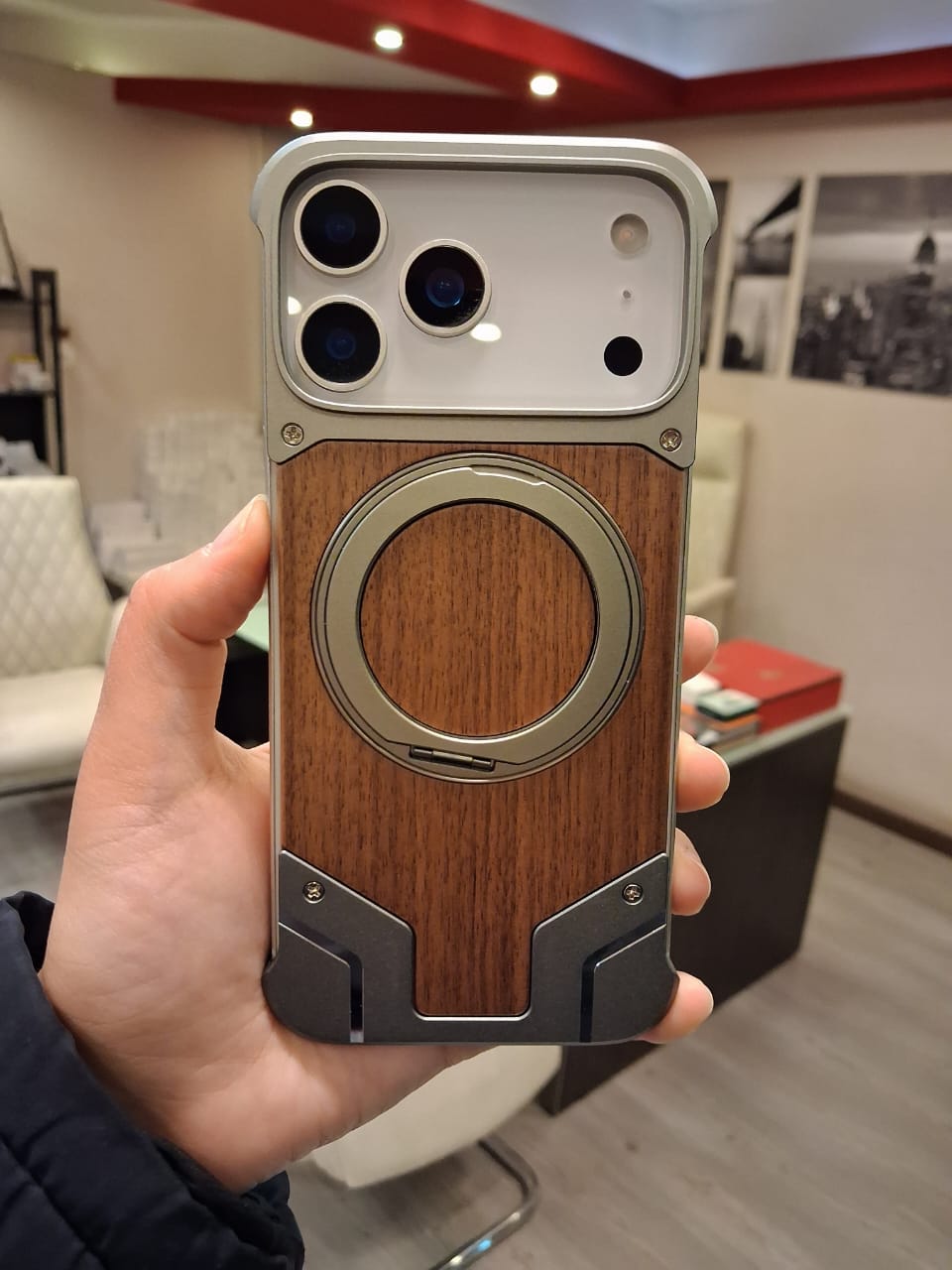 Magnetic Aluminum Metal Frameless Real Wood Case For Iphone 17 Pro max