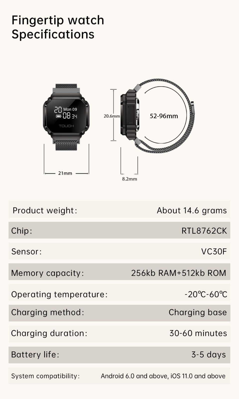 B7 Mini Smart Ring Watch with Interchangeable Stainless Steel and Nylon Straps