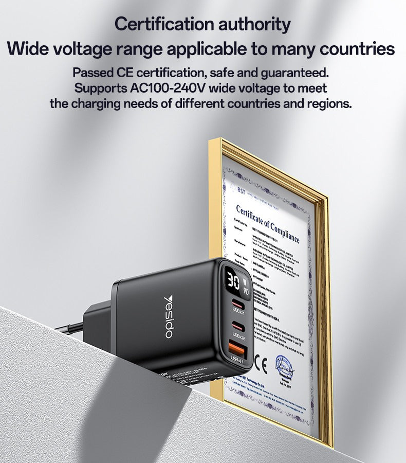 YESIDO YC69 EU 30W Power Display Fast Charging Wall Charger