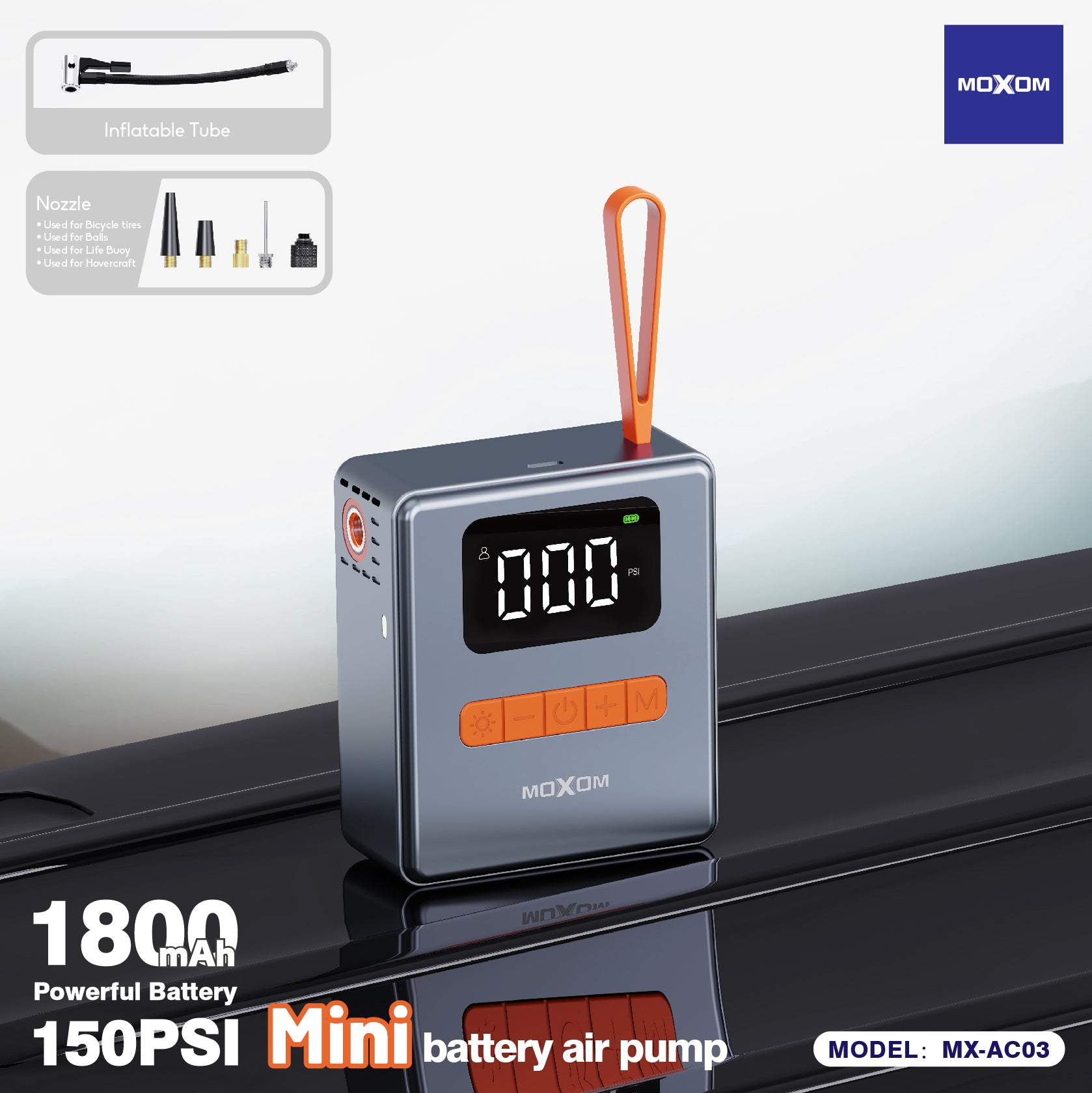 MOXOM Mini 150PSI＆1800mAh Battery Air Pump