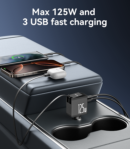 Yesido Y71 125W Type-C + 8 Pin Retractable Cable 3 in 1 Car Charger
