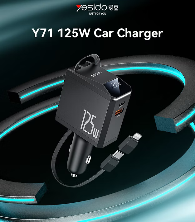 Yesido Y71 125W Type-C + 8 Pin Retractable Cable 3 in 1 Car Charger