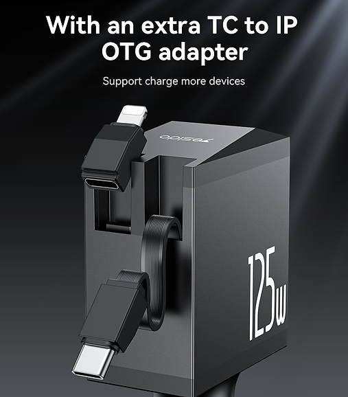 Yesido Y71 125W Type-C + 8 Pin Retractable Cable 3 in 1 Car Charger