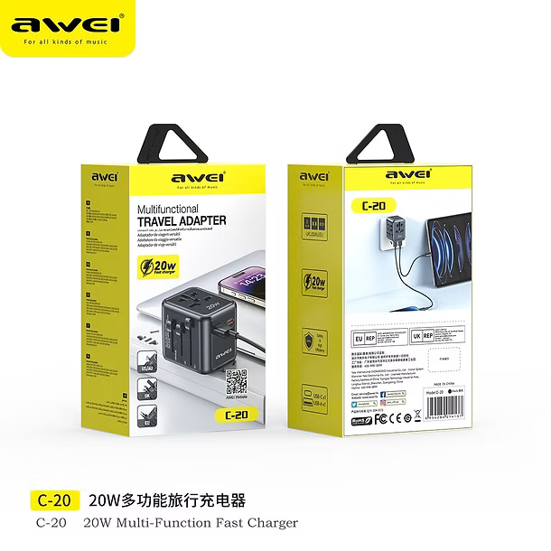 Awei C-20 Universal Global Adapter 20W Wall Charger Travel Adaptor