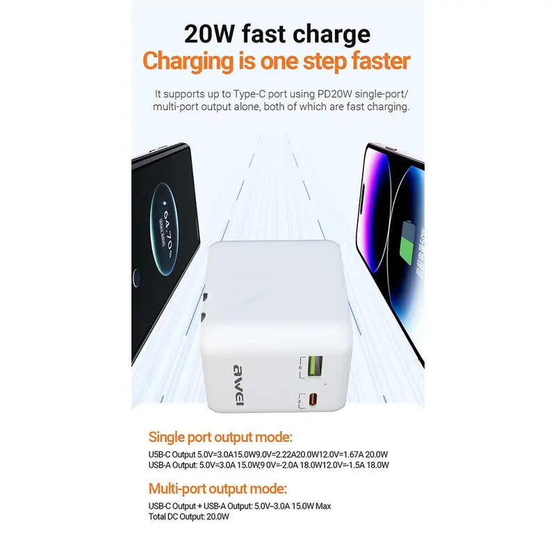 Awei C-20 Universal Global Adapter 20W Wall Charger Travel Adaptor