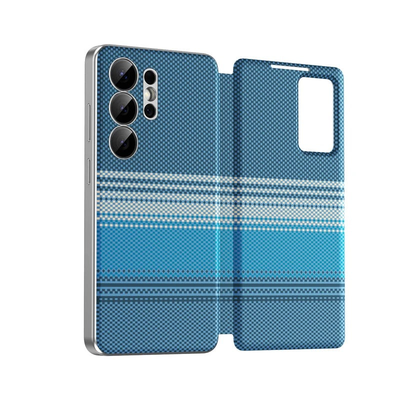 Carbon fiber textured leather smartphone case with card slot flip cover for answering calls for Samsung