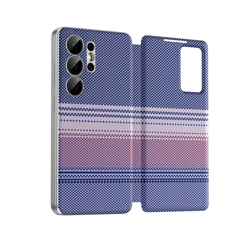 Carbon fiber textured leather smartphone case with card slot flip cover for answering calls for Samsung