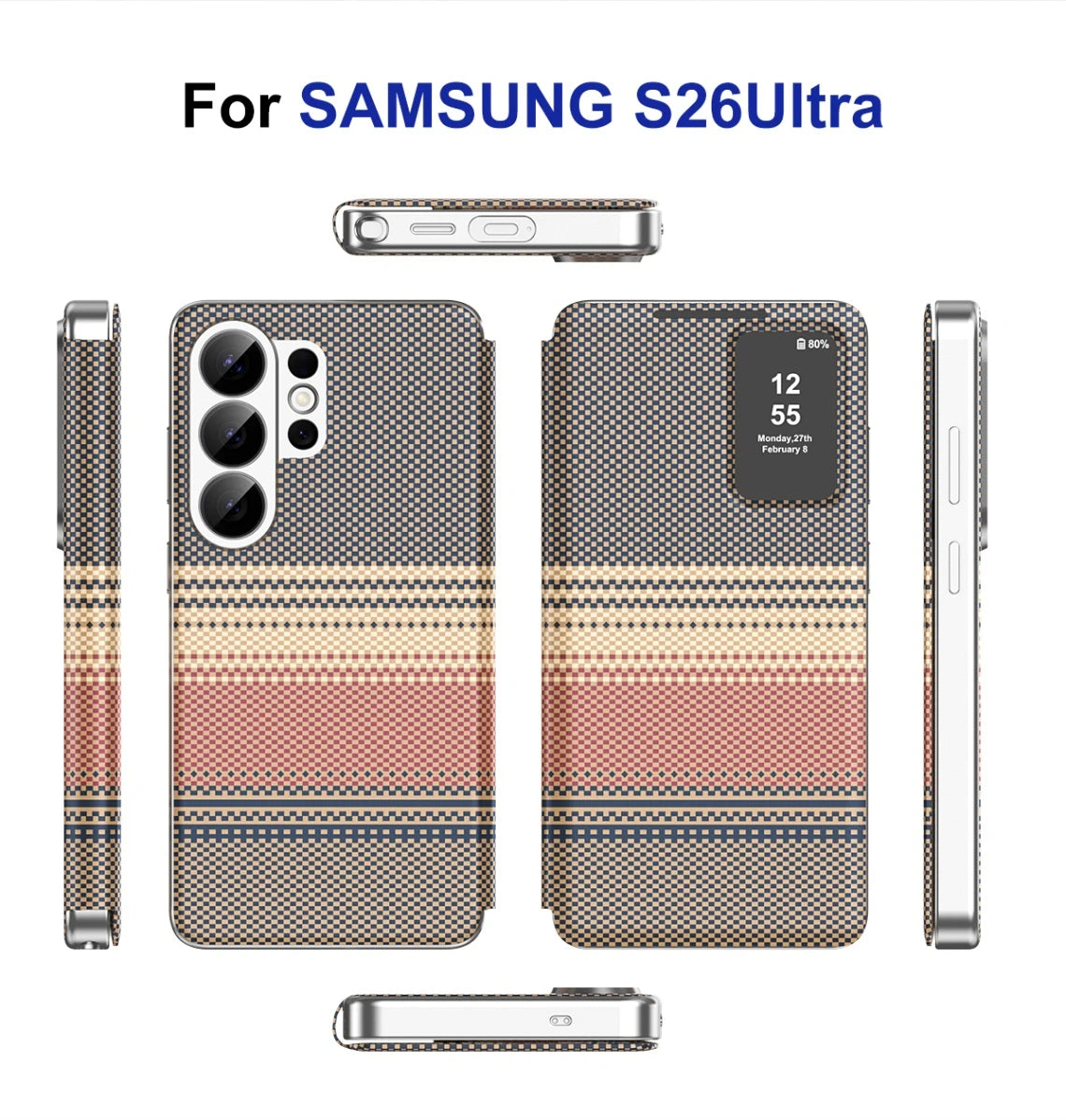Carbon fiber textured leather smartphone case with card slot flip cover for answering calls for Samsung