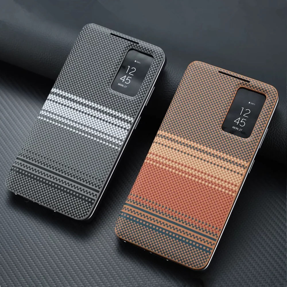 Carbon fiber textured leather smartphone case with card slot flip cover for answering calls for Samsung