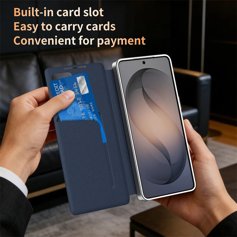 Carbon fiber textured leather smartphone case with card slot flip cover for answering calls for Samsung