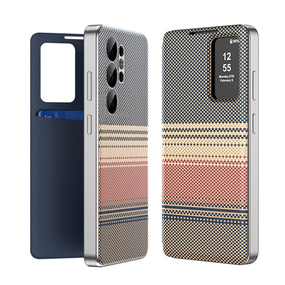 Carbon fiber textured leather smartphone case with card slot flip cover for answering calls for Samsung