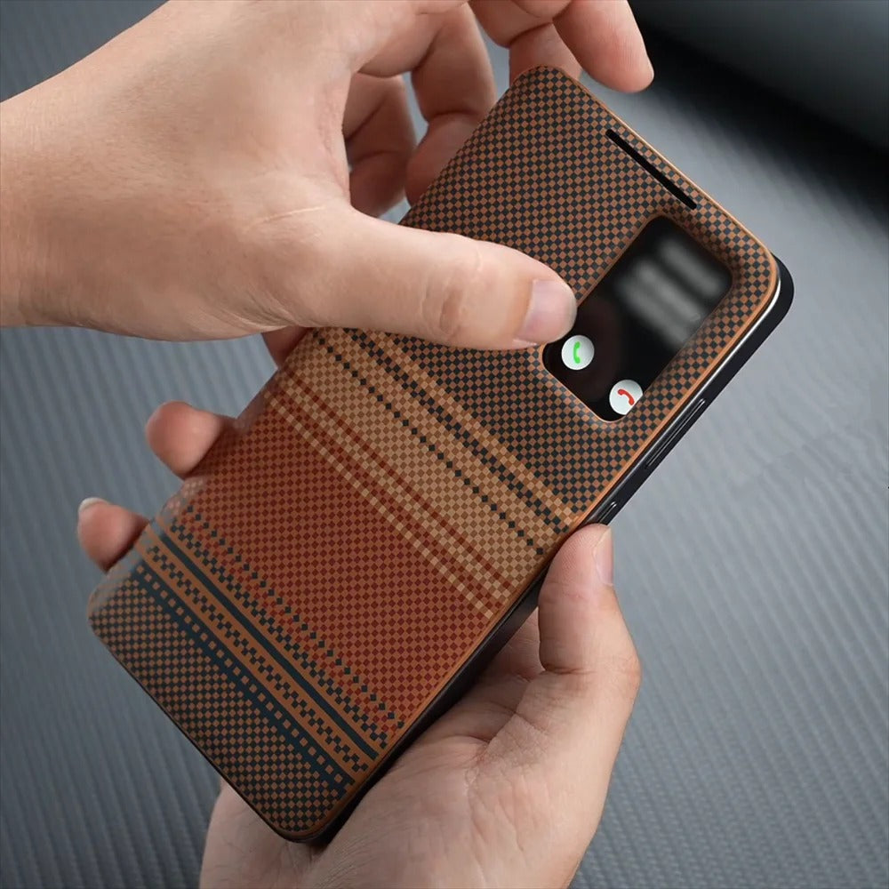 Carbon fiber textured leather smartphone case with card slot flip cover for answering calls for Samsung