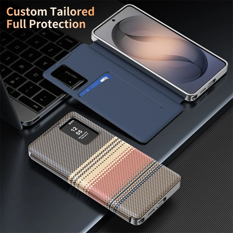 Carbon fiber textured leather smartphone case with card slot flip cover for answering calls for Samsung