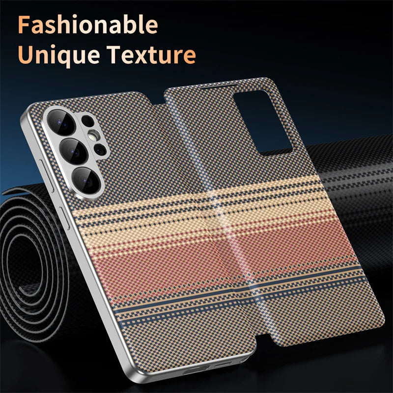 Carbon fiber textured leather smartphone case with card slot flip cover for answering calls for Samsung