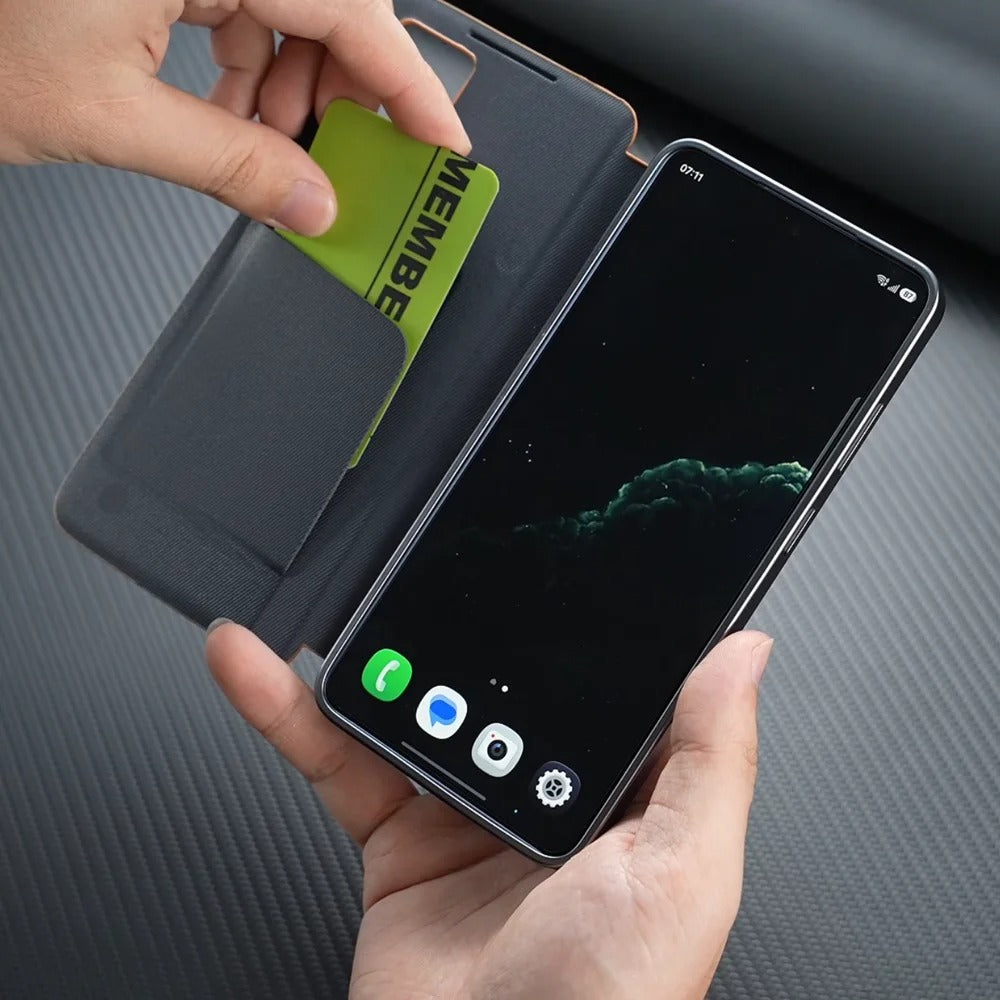Carbon fiber textured leather smartphone case with card slot flip cover for answering calls for Samsung