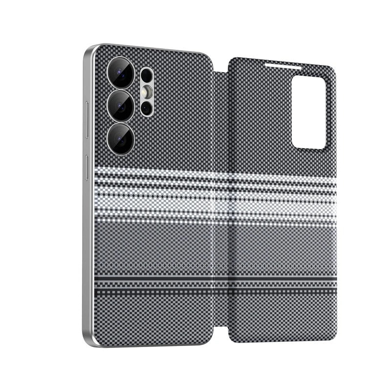 Carbon fiber textured leather smartphone case with card slot flip cover for answering calls for Samsung