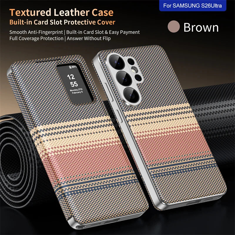 Carbon fiber textured leather smartphone case with card slot flip cover for answering calls for Samsung