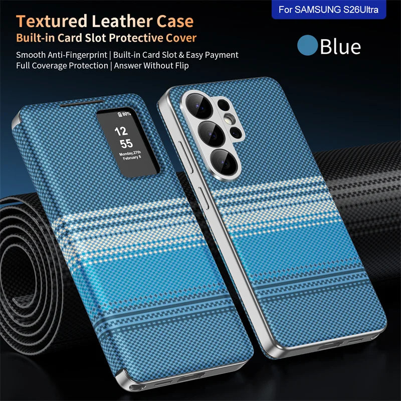 Carbon fiber textured leather smartphone case with card slot flip cover for answering calls for Samsung