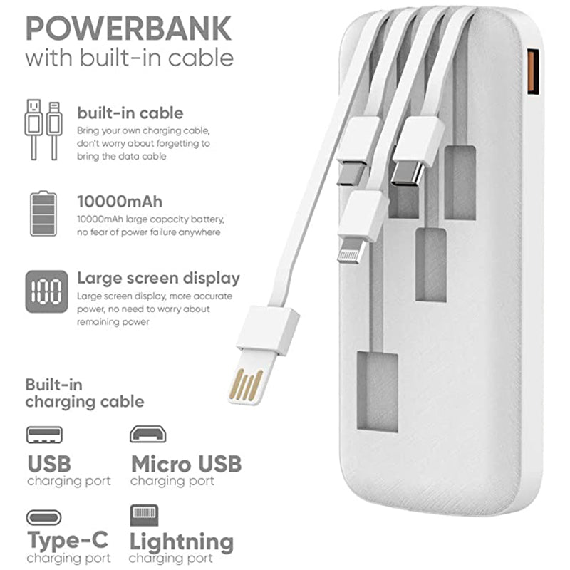 MIQIA md16 3 in 1 Power Bank 10000 mAh With Built in 3 Cables (Lighting/Type C/Micro)