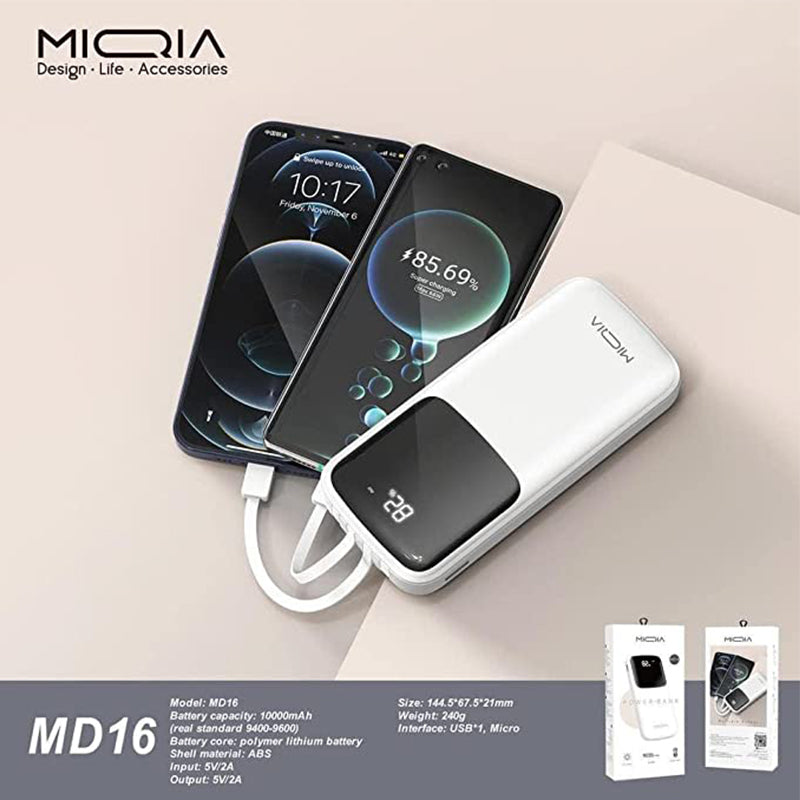 MIQIA md16 3 in 1 Power Bank 10000 mAh With Built in 3 Cables (Lighting/Type C/Micro)
