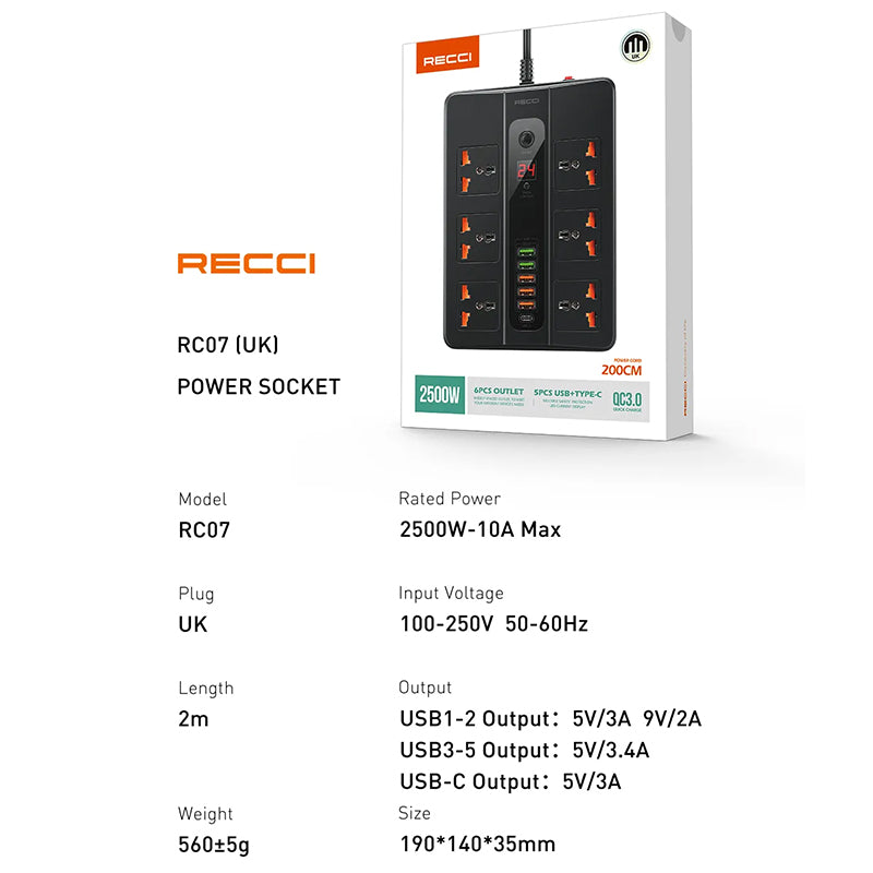 Recci RC07 2500W Power Socket 6 AC outlets + 5 USB + 1 Type-C